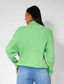 High Neck Constrast Stitch Ribbed Knitted Oversized Jumper Green -LoafLuxe Shop kaiia21287copy