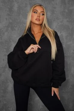 Oversized Half Zip Pullover Pocket Front Sweatshirt Black -LoafLuxe Shop kaiiajan00116Jan262023