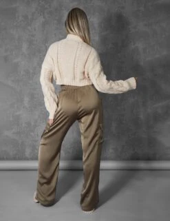 Split Hem Satin Elasticated Waist Wide Leg Cargo Trousers Khaki -LoafLuxe Shop kaiiajan00691Jan262023copy