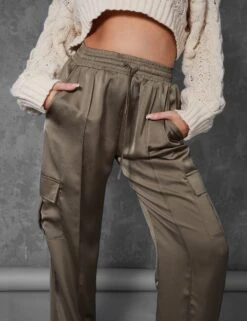 Split Hem Satin Elasticated Waist Wide Leg Cargo Trousers Khaki -LoafLuxe Shop kaiiajan00791Jan262023copy
