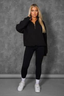 Oversized Half Zip Pullover Pocket Front Sweatshirt Black