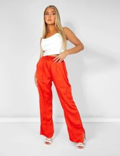 Split Hem Satin Elasticated Waist Joggers Red -LoafLuxe Shop kaiiajan202300411