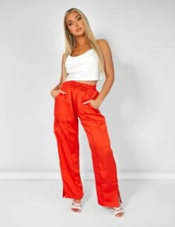 Split Hem Satin Elasticated Waist Joggers Red -LoafLuxe Shop kaiiajan202300441