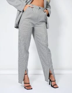Houndstooth Straight Leg Split Hem Trousers -LoafLuxe Shop kaiiajan202300612copy