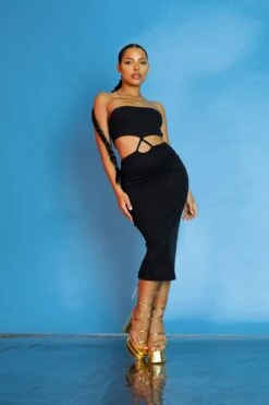 Strapless Bandeau Cut Out Detail Midi Dress Black -LoafLuxe Shop kaiiaxpd 395