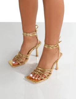 Keri Wide Fit Gold Metallic PU Strappy Lace Up Mid Heels -LoafLuxe Shop kerigolddetail 312a7225 ade6 4c6d a8ee be332020648e