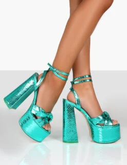 Leo Edition Teal Metallic Platform High Heels -LoafLuxe Shop leoeditiongreenwalking