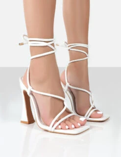 Lori White Strappy Lace Up Square Toe Heels