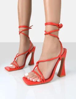 Lori Orange Strappy Lace Up Square Toe Heels -LoafLuxe Shop loriorangedetail