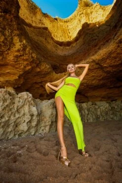 Split Side Bandeau Slinky Maxi Dress Lime -LoafLuxe Shop mcgirl.21556