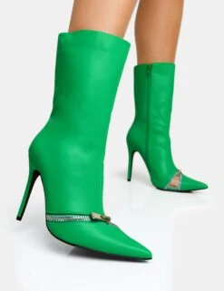 Pitstop Green Pu Zip Detail Pointed Toe Stiletto Heel Ankle Boots -LoafLuxe Shop new4