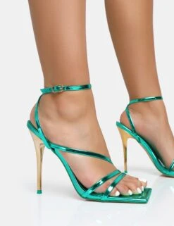 Fillipa Metallic Green Pu Strappy Square Toe Metal Stiletto Heels -LoafLuxe Shop nude3