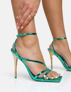 Fillipa Metallic Green Pu Strappy Square Toe Metal Stiletto Heels -LoafLuxe Shop nude4