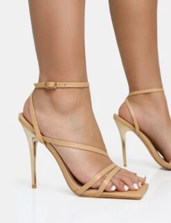 Fillipa Nude Pu Strappy Square Toe Metal Stiletto Heels -LoafLuxe Shop nudedetail