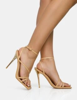 Fillipa Nude Pu Strappy Square Toe Metal Stiletto Heels -LoafLuxe Shop nudewalking