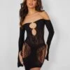 Mesh Panel Keyhole Off The Shoulder Asymmetric Mini Dress Black -LoafLuxe Shop pdc20.32397copy