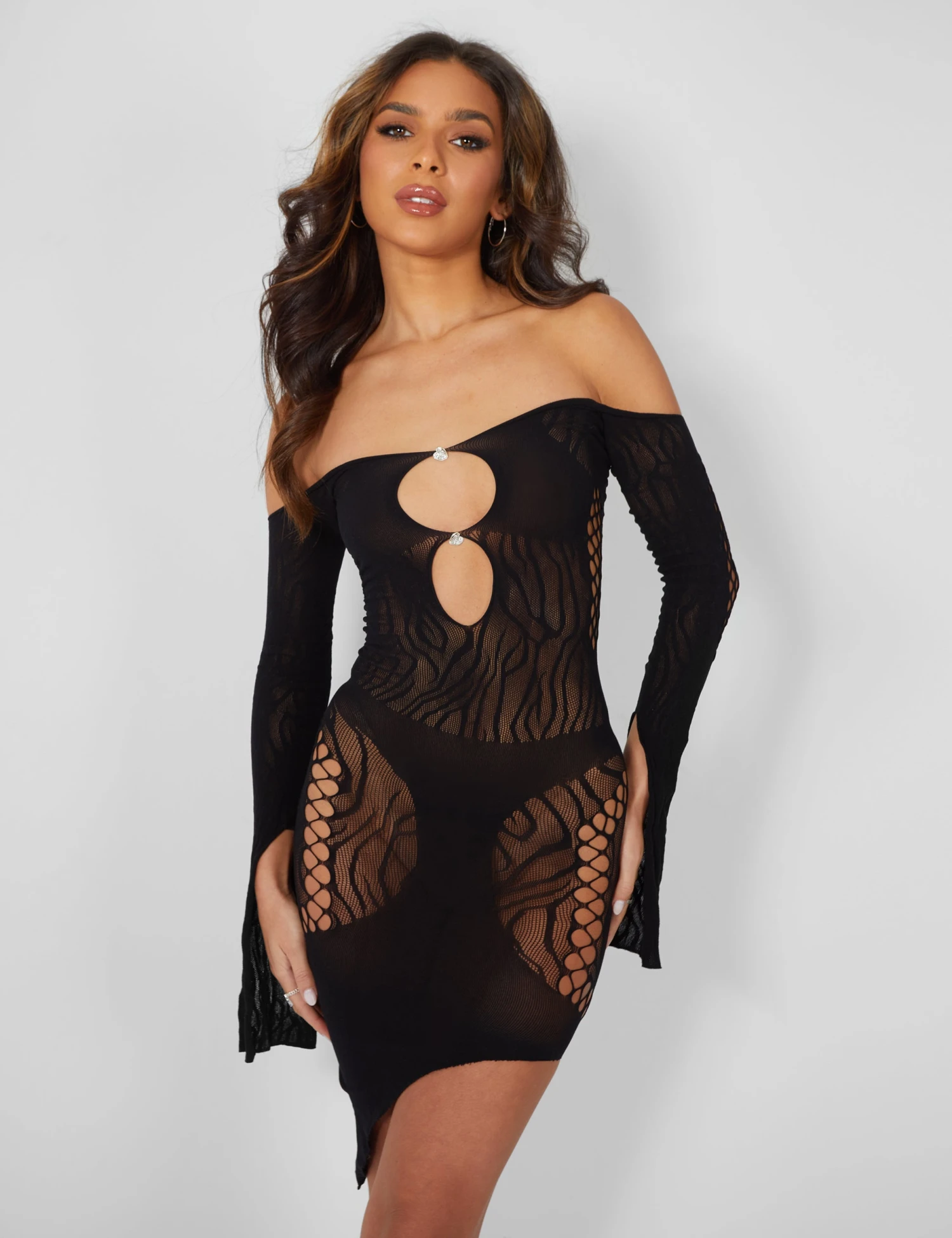 Mesh Panel Keyhole Off The Shoulder Asymmetric Mini Dress Black 3 Mesh Panel Keyhole Off The Shoulder Asymmetric Mini Dress Black