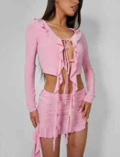Frill Detail Tie Front Cardigan Top Baby Pink -LoafLuxe Shop pdc21.034372Mar212023copy