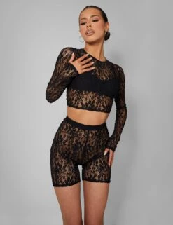 Second Skin Lace Long Sleeve Fitted T-shirt Black