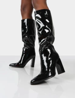 Posie Black Patent Wide Fit Knee High Block Heel Boots -LoafLuxe Shop posiepatent0111
