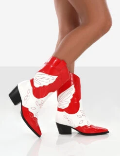 Howdy Red Patent Pointed Toe Western Cowboy Block Ankle Boots -LoafLuxe Shop redbootwalking