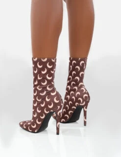 Saturn Return Wide Fit Brown Pointed Toe Stiletto Printed Sock Boots -LoafLuxe Shop saturnbrownbackcopy