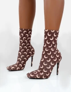 Saturn Return Wide Fit Brown Pointed Toe Stiletto Printed Sock Boots -LoafLuxe Shop saturnbrowndetailcopy