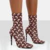 Saturn Return Brown Pointed Toe Stiletto Printed Sock Boots -LoafLuxe Shop saturnbrownfront