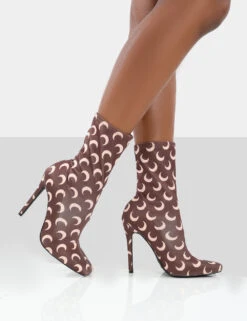 Saturn Return Brown Pointed Toe Stiletto Printed Sock Boots -LoafLuxe Shop saturnbrownwalking