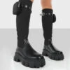 Showing Up Black PU Platform Chunky Sole Pocket Detail Knee High Boots -LoafLuxe Shop showingupblackfront