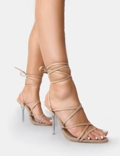 NOBU NUDE PU LACE UP ROUND TOE PERSPEX STILETTO HEELS -LoafLuxe Shop z5